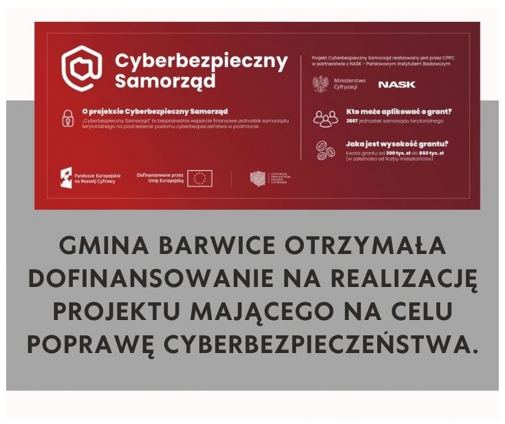 plakat z logiem Cyberbezpieczny Samorząd informujący o otrzymanym dofinansowaniu na poprawę cyberbezpieczeństwa