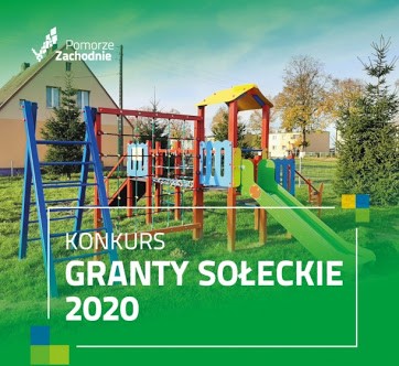 Plakat informuje o konkursie "Granty Sołeckie 2020". Na obrazku widzimy plac zabaw.