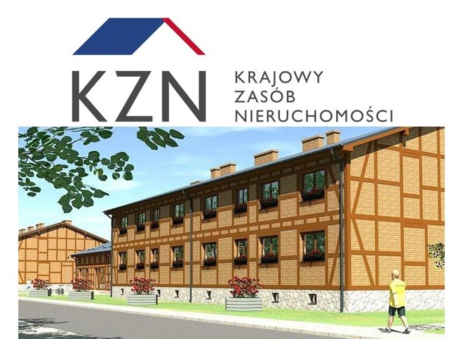 Logo KZN wraz z wizualizacją budownictwa czynszowego