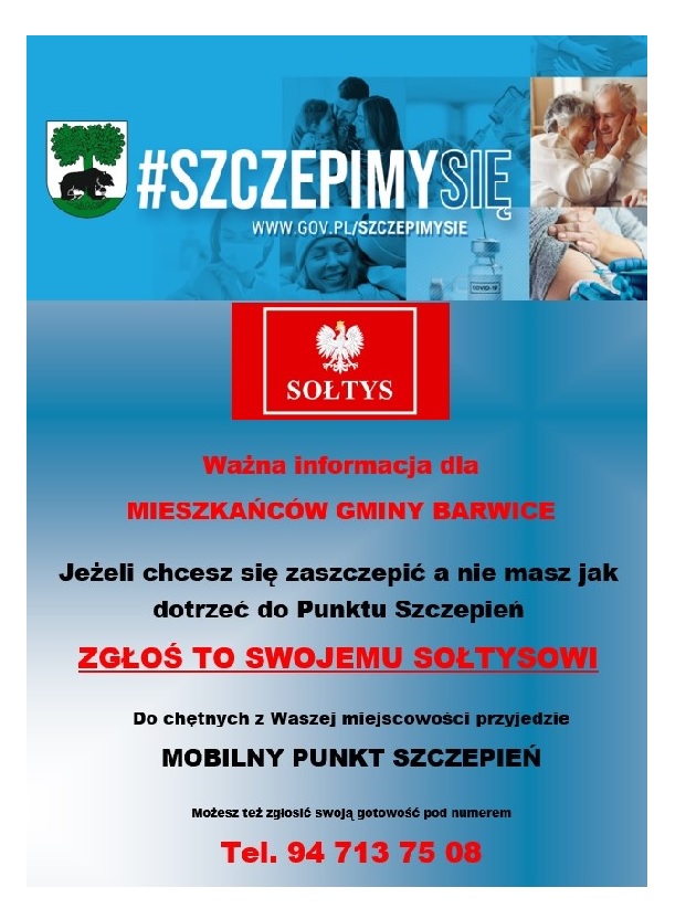 Plakat dotyczący mobilnego punktu szczepień w miejscowościach
