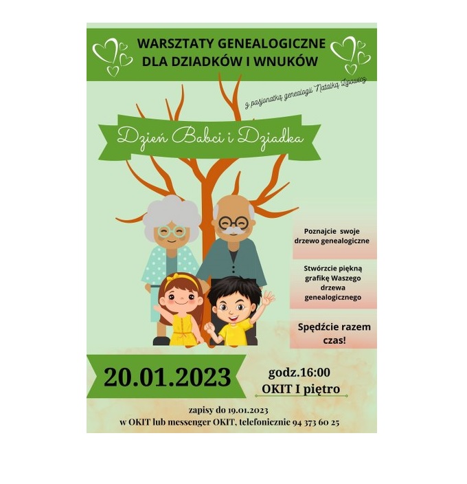 Plakat informacyjny o Dniu Babci i Dziadka w OKiT w Barwicach.