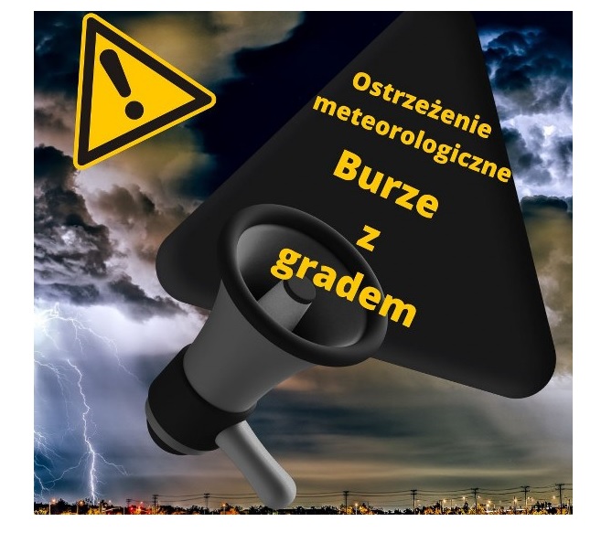 plakat z ostrzeżeniem meteo o burzach z gradem