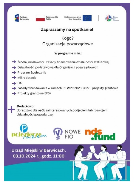 Plakat informujący o Spotkaniu dla organizacji pozarządowych oraz doradztwo w zakresie podjęcia i rozwoju działalności gospodarczej