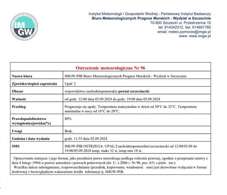 Ostrzeżenie meteorologiczne Nr 96