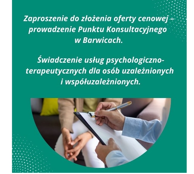 Plakat zapraszający do składania ofert na świadczenie usług psychologiczno-terapeutycznych dla osób uzależnionych i współuzależnionych.