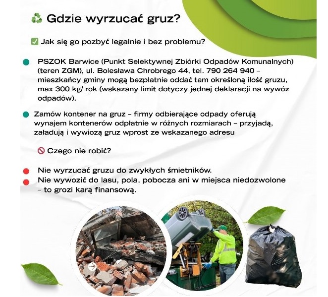 Plakat informujący "Gdzie wyrzucać gruz?"