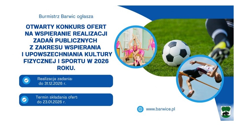 Plakat informujący o ogłoszonym konkursie ofert - kultura fizyczna i sport w 2026 r.