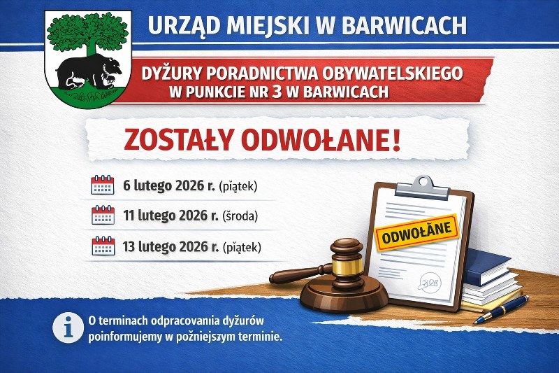 Plakat o odwołaniu dyżuru nieodpłatnego poradnictwa obywatelskiego