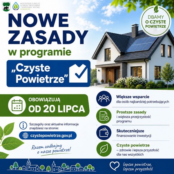 Plakat informujący o nowych zasadach w programie Czyste powietrze, które wchodzą w życie od 20 lipca 2026