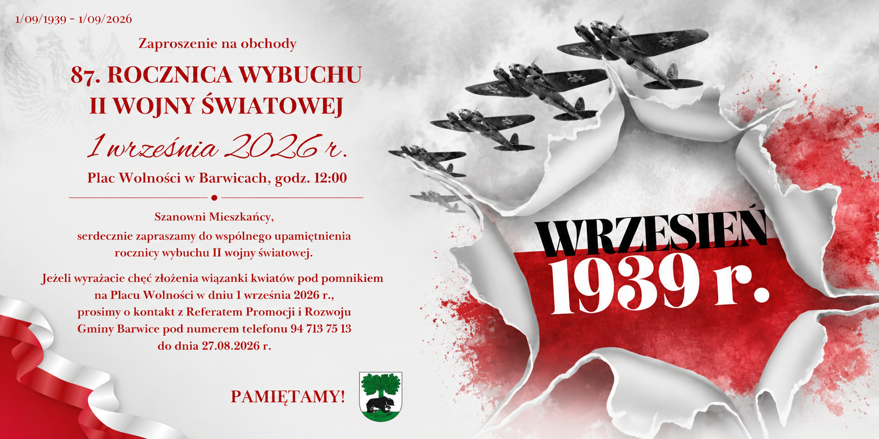 Zaproszenie na obchody 87. rocznicy wybuchu II wojny światowej