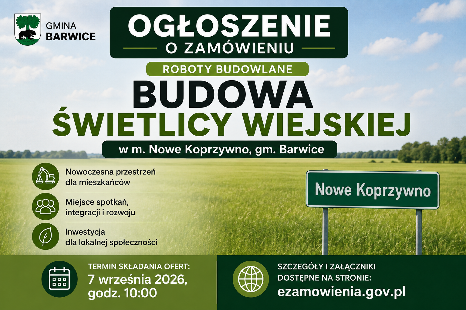 Ogłoszenie o zamówieniu na budowę świetlicy wiejskiej w Nowym Koprzywnie