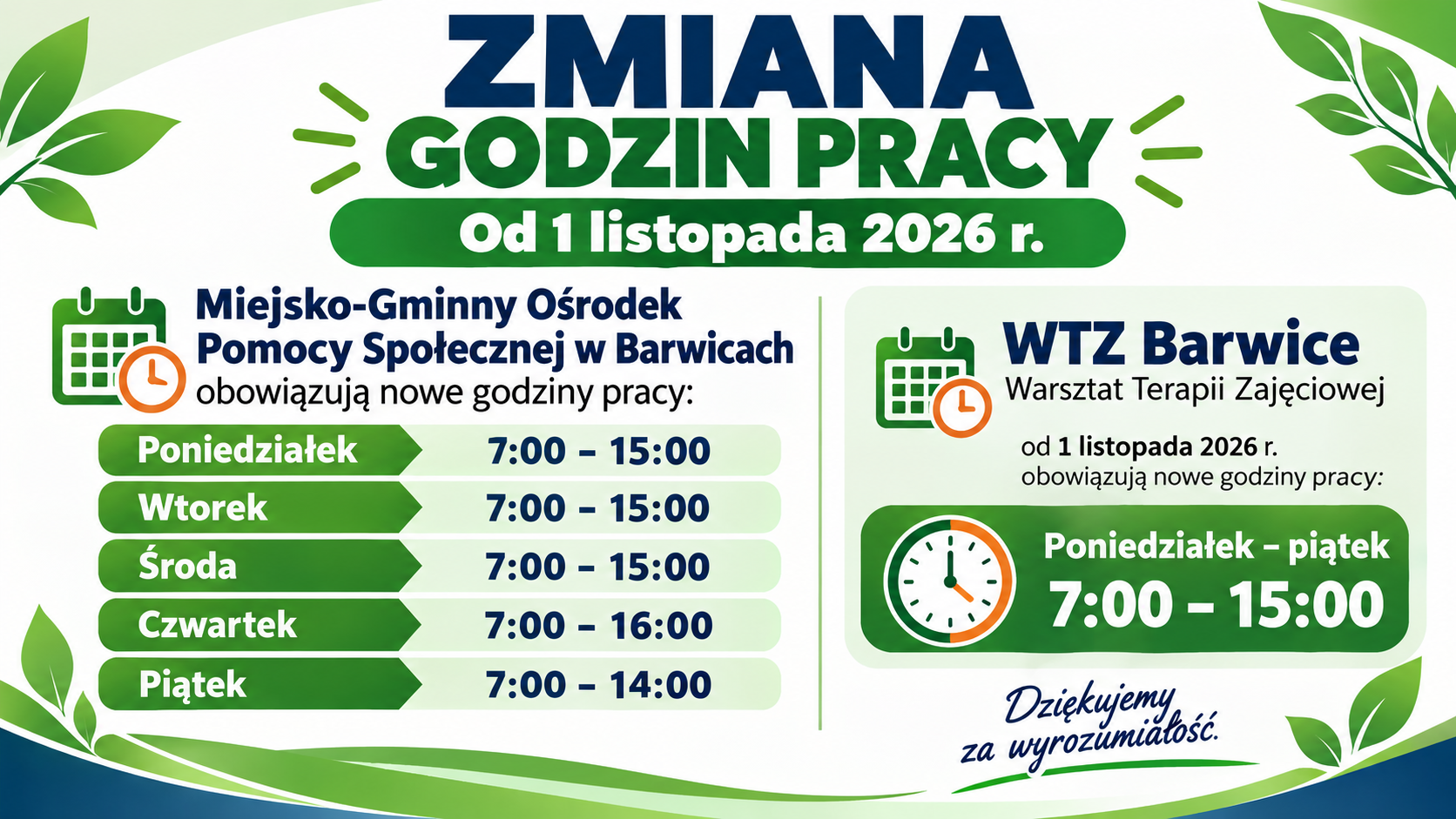 Zmiana godzin pracy MGOPS i WTZ w Barwicach od 1 listopada 2026 r.