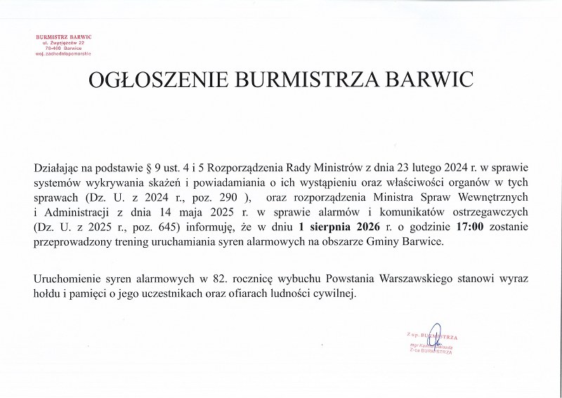 Ogłoszenie Burmistrza Barwic