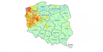 Zdjęcie przedstawia mape Polski oraz teren suszy, w którym znajduje się nasza Gmina.