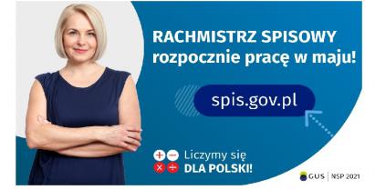 Plakat przedstawiający kobietę oraz napis rachmistrz spisowy rozpocznie pracę w maju