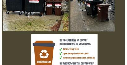 kolaż zdjęć: pojemniki na cmentarzu w Barwicach i Starym Chwalimiu oraz ulotka o segregacji odpadów biodegradowalnych