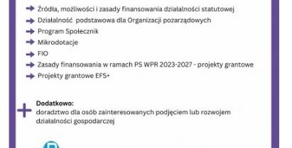 Plakat informujący o Spotkaniu dla organizacji pozarządowych oraz doradztwo w zakresie podjęcia i rozwoju działalności gospodarczej