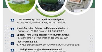 Plakat z danymi kontaktowymi podmiotów mających zezwolenie na opróżnianie zbiorników bezodpływowych