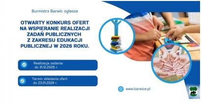 Plakat informujący o otwartym konkursie ofert  na wspieranie realizacji zadań publicznych z zakresu edukacji publicznej w 2026 roku.