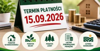 plakat z informacją: Przypomnienie o terminie płatności podatków i czynszu dzierżawnego – 15 września 2026 r.