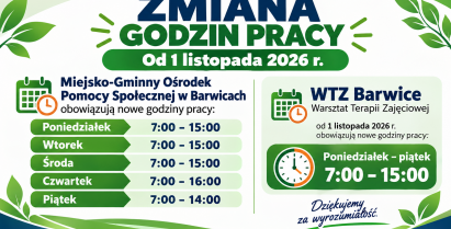 Zmiana godzin pracy MGOPS i WTZ w Barwicach od 1 listopada 2026 r.