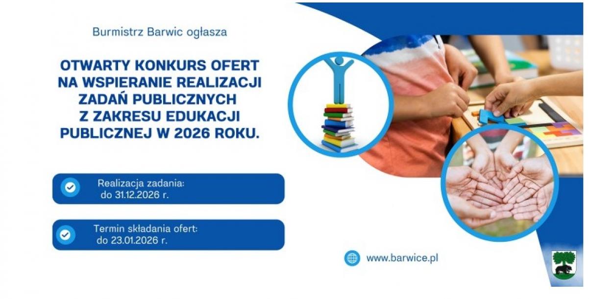 Plakat informujący o otwartym konkursie ofert  na wspieranie realizacji zadań publicznych z zakresu edukacji publicznej w 2026 roku.