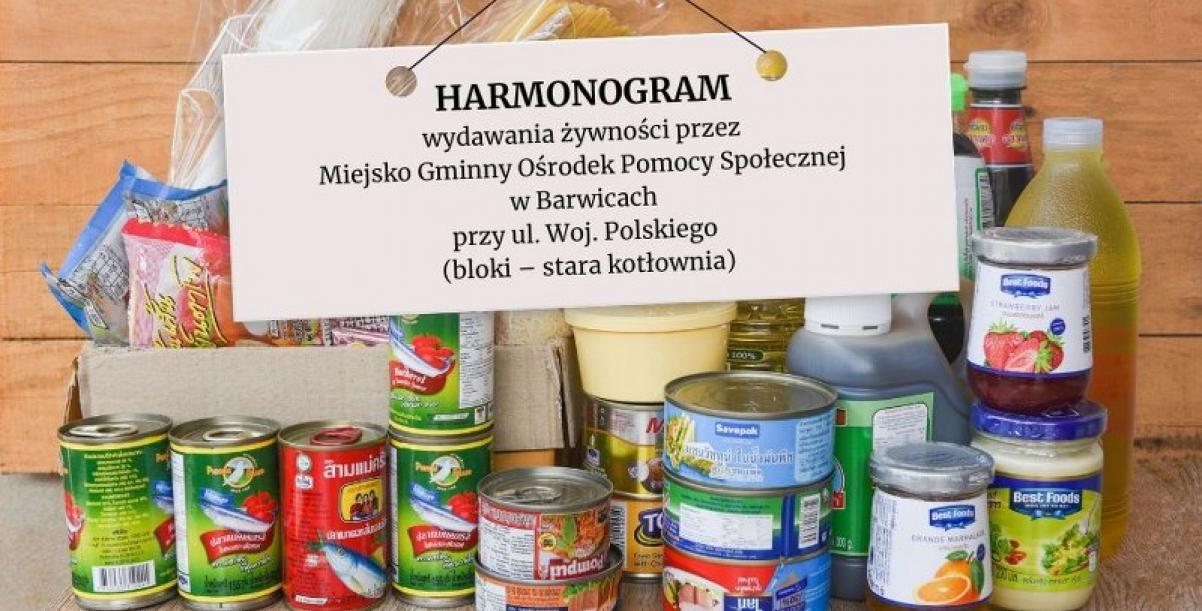 Na plakacie żywność z tabliczką: 📢 Harmonogram wydawania żywności
