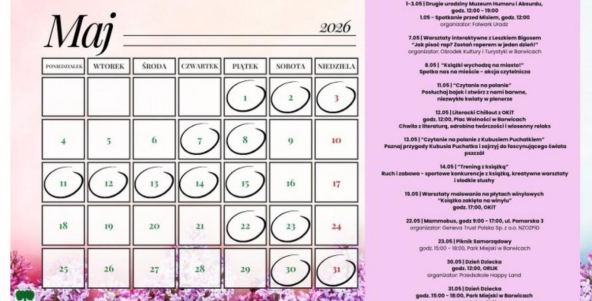 Na zdjęciu kalendarz wydarzeń na terenie gminy Barwice w maju 2026