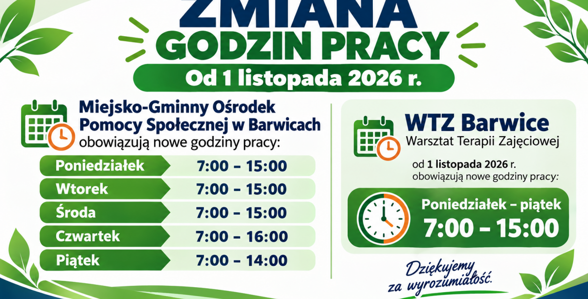 Zmiana godzin pracy MGOPS i WTZ w Barwicach od 1 listopada 2026 r.