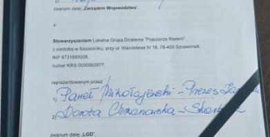 pierwsza strona umowy podpisanej przez LGD i przedstawicieli Urzędu Marszałkowskiego w Szczecinie