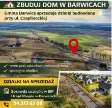 Plakat informujący o sprzedaży działek w Barwicach