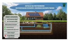 Plakat dotyczący naboru wniosków o przyznanie dofinansowania na budowę przydomowych oczyszczalni ścieków lub szczelnych zbiorników bezodpływowych na ścieki bytowo – gospodarcze.