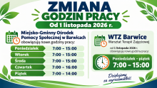 Zmiana godzin pracy MGOPS i WTZ w Barwicach od 1 listopada 2026 r.